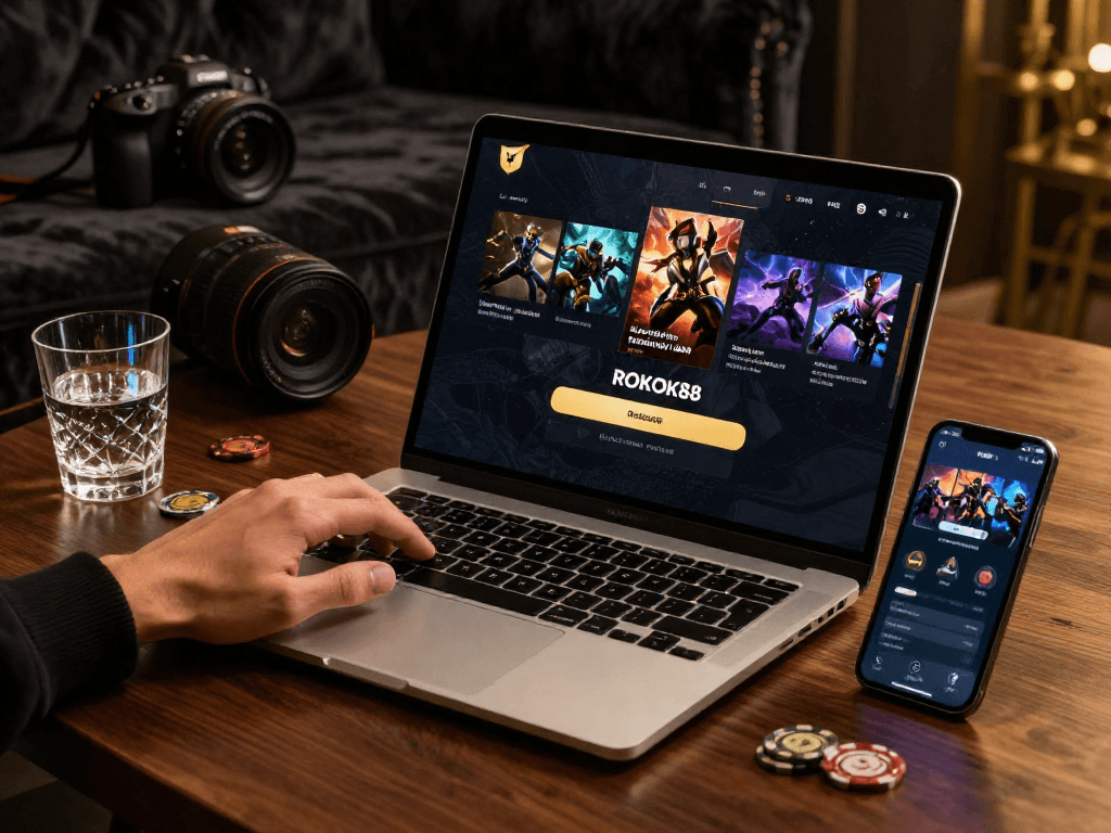 ROKOK88 login on a sleek laptop showcasing luxury design elements, emphasizing elegance and authority in gaming.