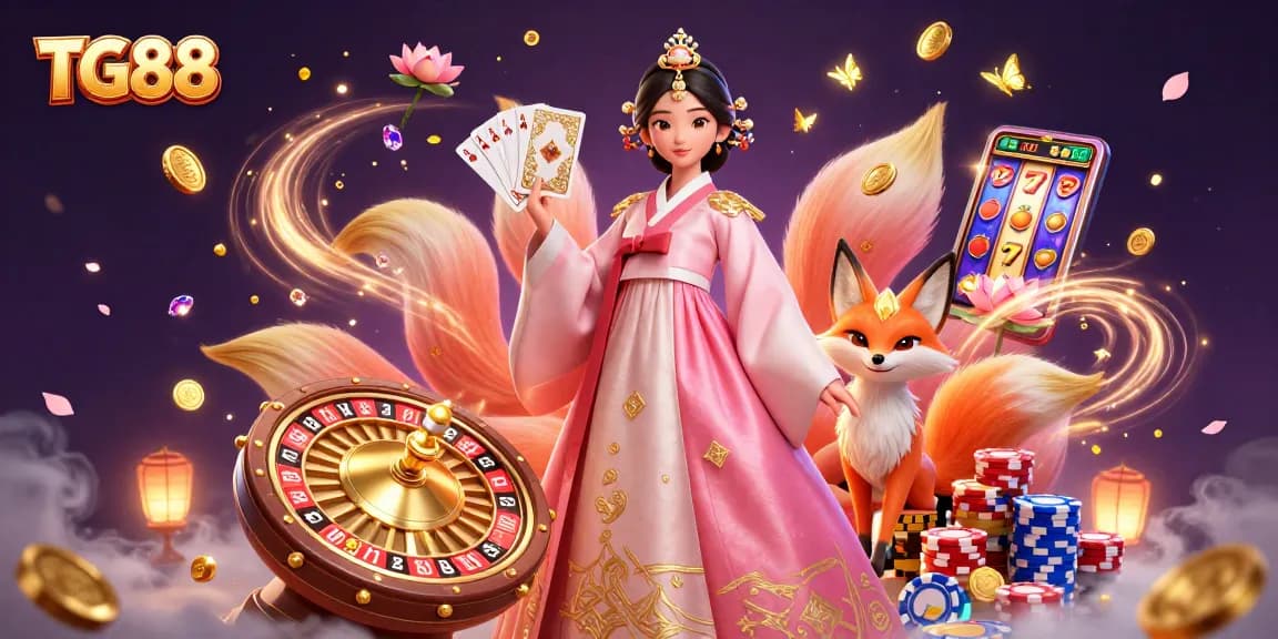 Play and win big at TG88, featuring an elegant woman in hanbok, coins, and roulette!