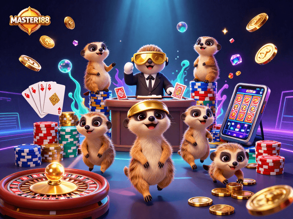 Experience engaging gameplay at MASTER188 with lively meerkats managing casino activities and winning rewards.