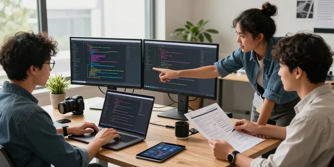 Build internal tools with AI in a modern workspace, team collaborating with laptops and monitors.