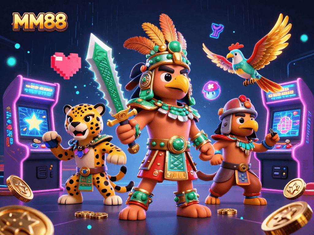 Experience thrilling moments with MM88 featuring a 3D Aztec warrior in a vibrant casino setting.
