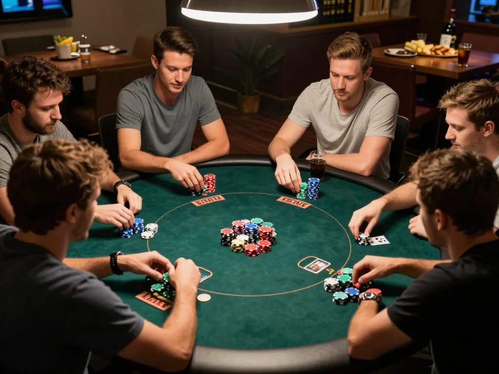 Engaging home poker night with friends strategizing on Texas Hold'em while enjoying snacks, showcasing organiclifetree's essence of casual gambling.