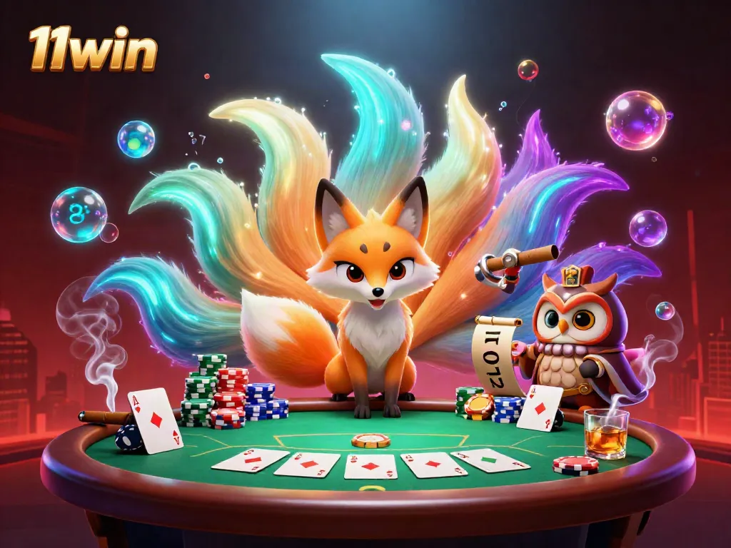 Experience the vibrant world of gaming with the 11win nine-tailed fox spirit and sage in a dynamic casino scene.