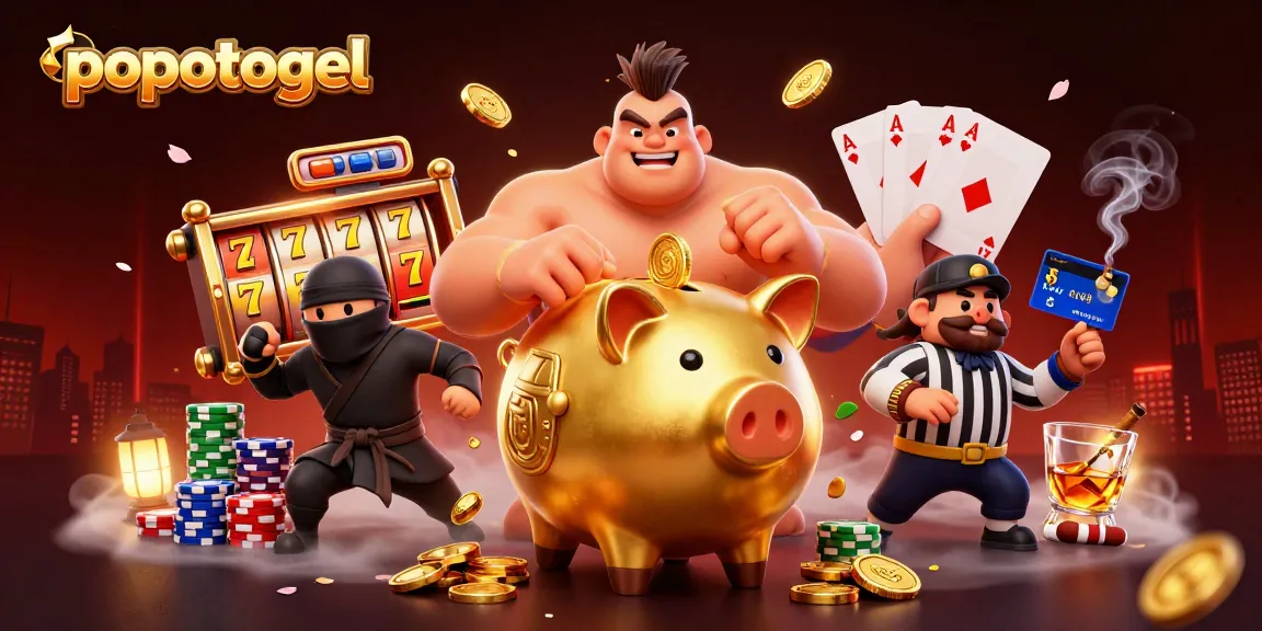 Engage with popotogel as a golden piggy bank wrestler stomps to unleash coins amidst vibrant slot machine elements.