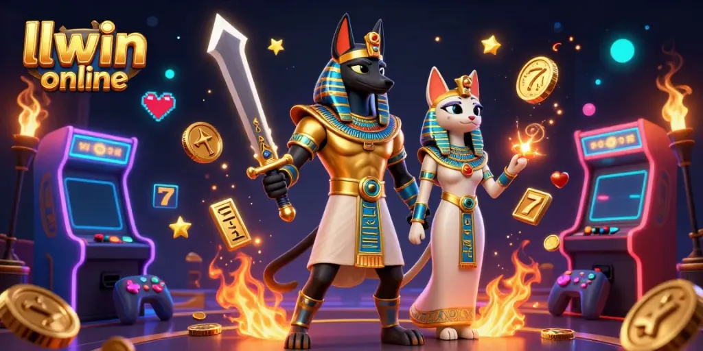 Engage with a striking scene of an Anubis warrior and a Bastet companion amidst vibrant casino elements while embracing llwin online's adventure.