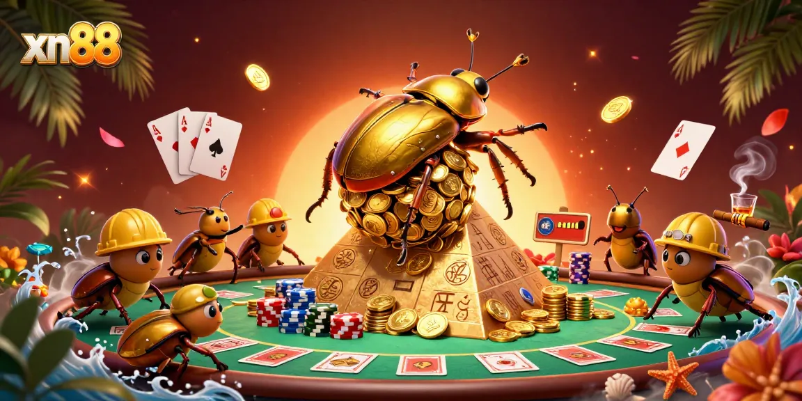 Engage in exciting gameplay with xn88 as cartoon beetles triumph over a pyramid of dazzling gold coins.