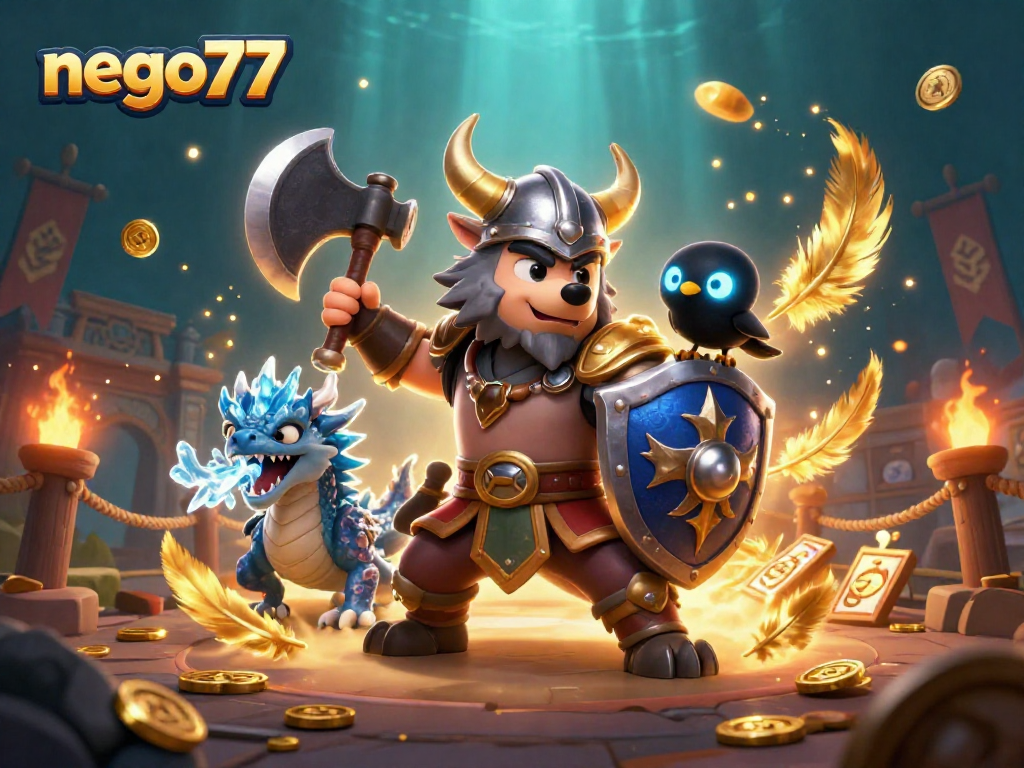 Nego77 showcases thrilling casino adventure with Viking warrior and fierce dragon in a vibrant 3D illustration.