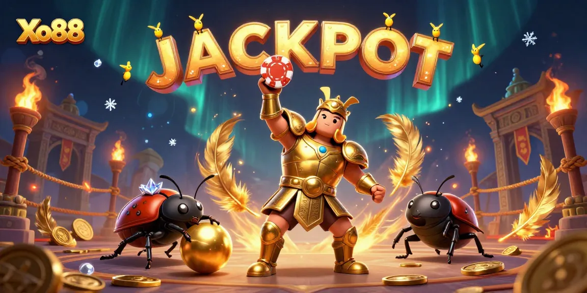 Xo88 features a victorious gladiator beetle and companion in an immersive casino scene.