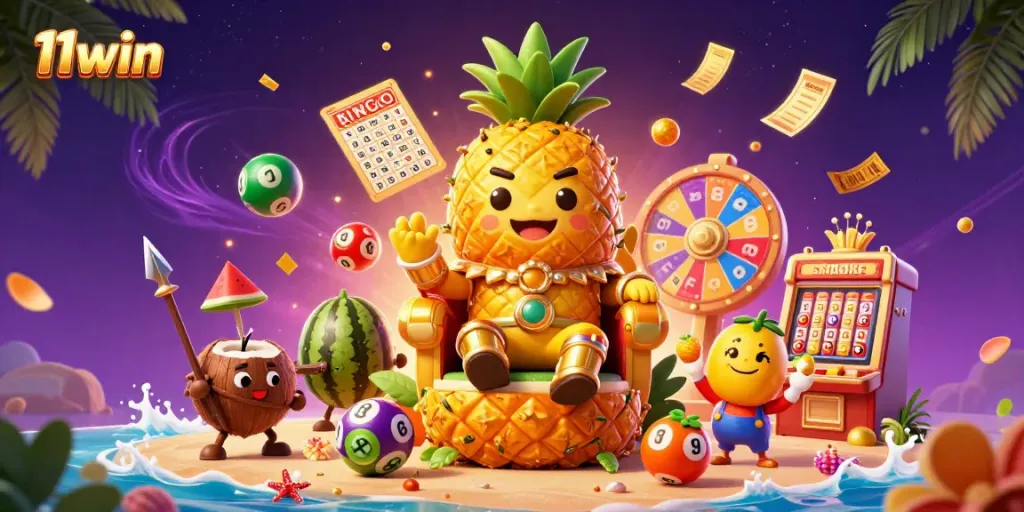 Engage with 11win's vibrant casino theme featuring golden pineapple king and dynamic gameplay elements.