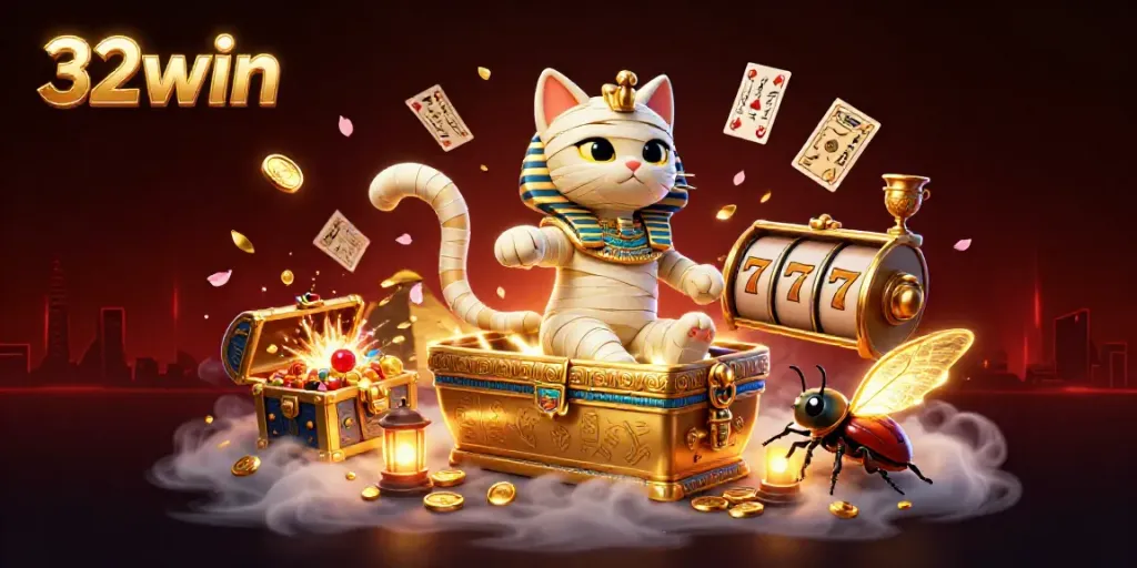 Experience the thrilling excitement of 32win with a dazzling casino scene featuring a 3D Egyptian mummy cat and golden elements.