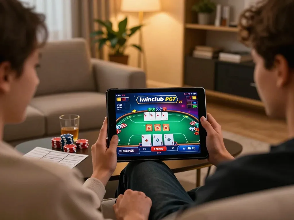 Engaging moment at Iwinclub PG7 with a player enjoying online poker on a tablet