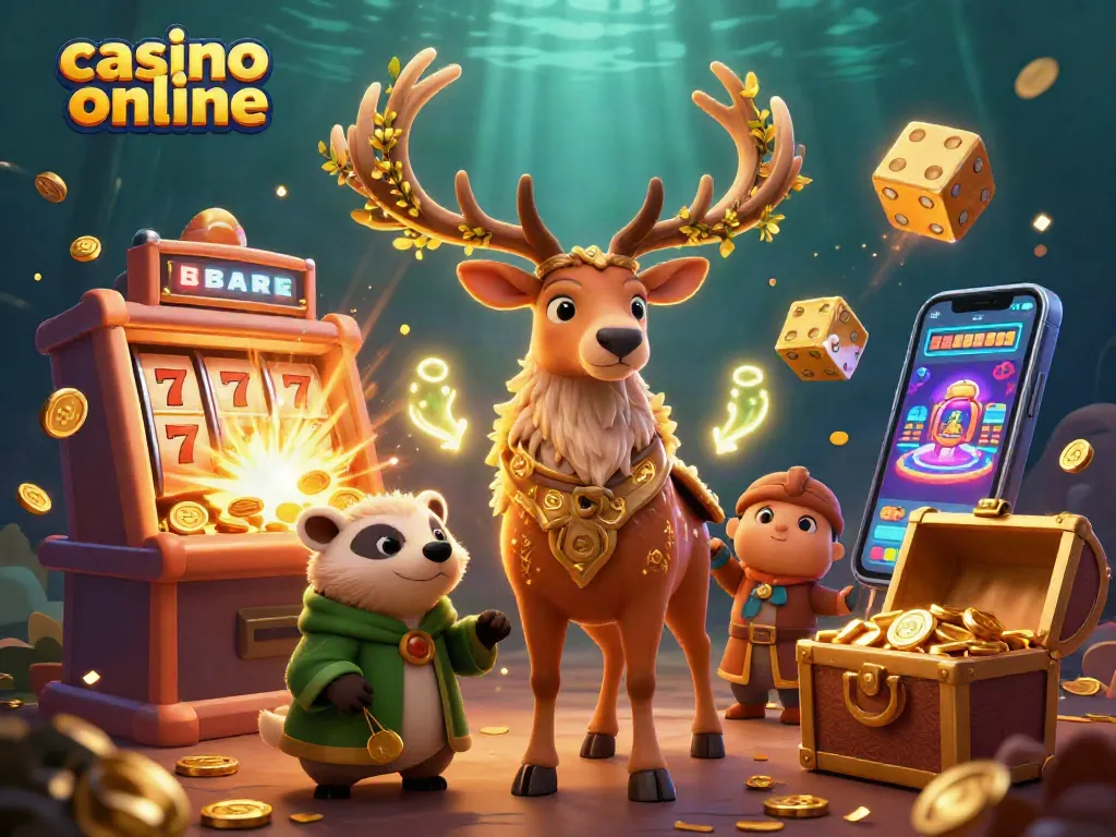 Gana en el casino online con una divertida ilustración de una escena de tragamonedas y personajes místicos.