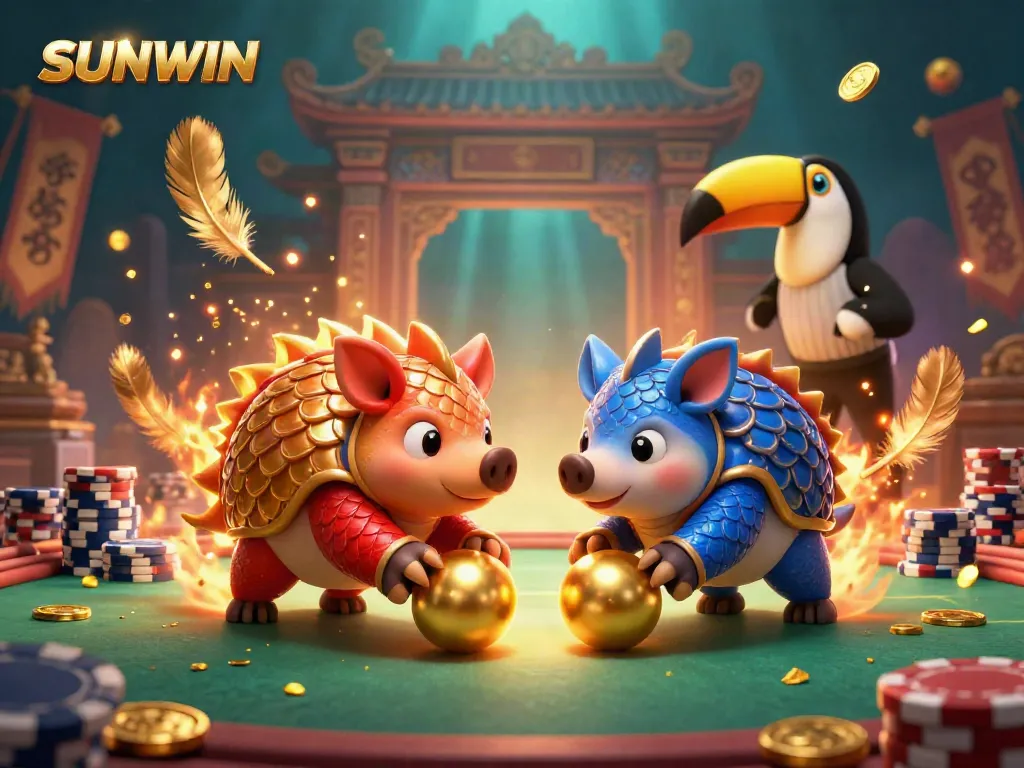 Rival pangolins compete in SUNWIN casino, surrounded by golden chips, roaring flames, and vibrant colors.