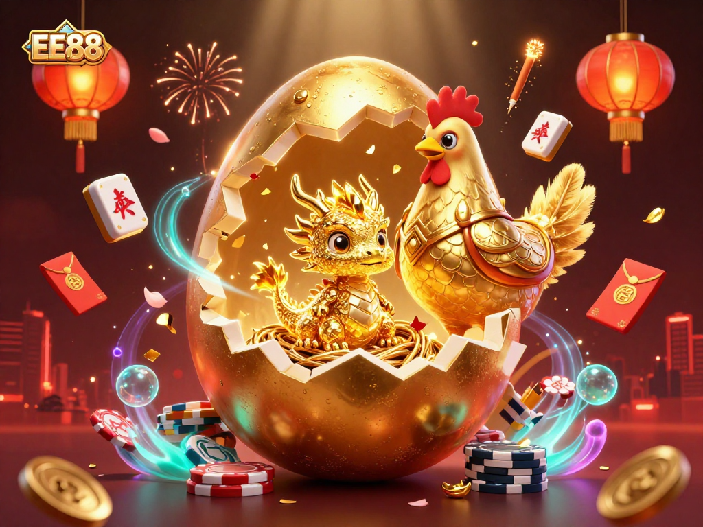 Engage with EE88's vibrant online gambling scene featuring a golden dragon and poker chips.