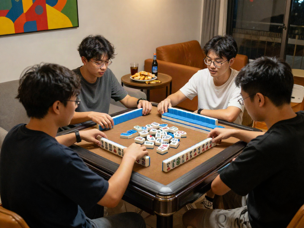 Friends enjoying MAHJONGJP88 Online in a cozy living room, showcasing vibrant gameplay and snacks.