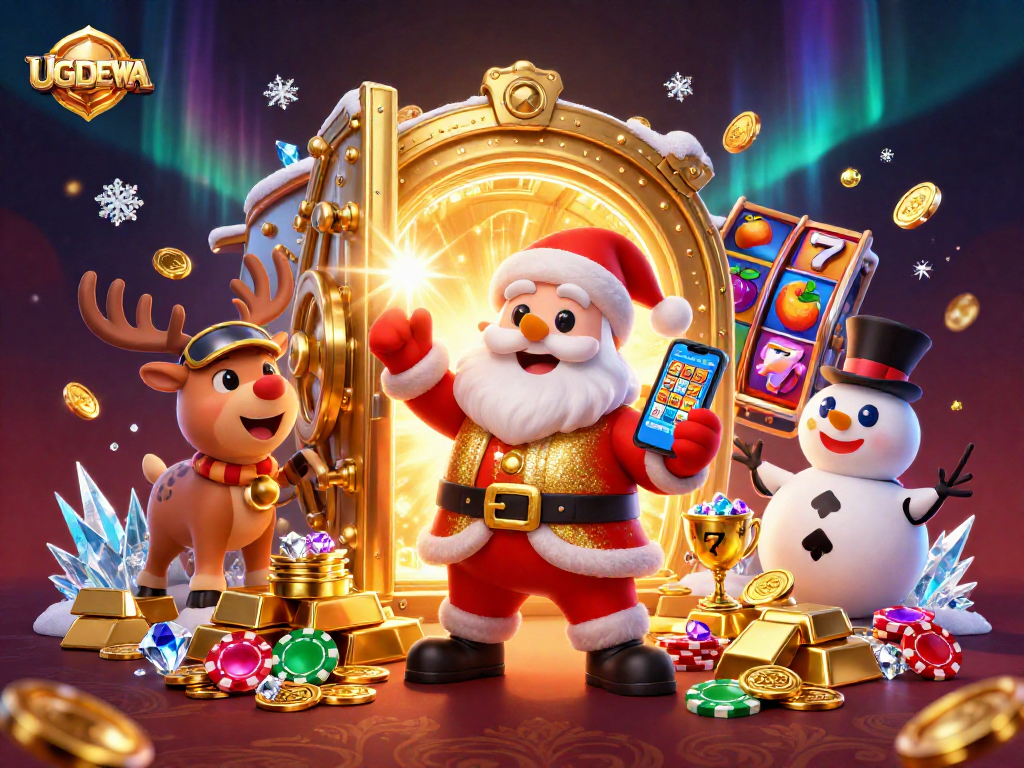 Spin the reels with UGDEWA as Santa and friends showcase jackpot slots in a golden casino.