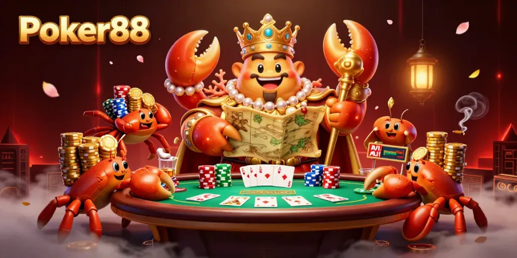 Experience the thrill of Poker88 with a golden crab emperor surrounded by poker elements, embodying excitement and strategy.