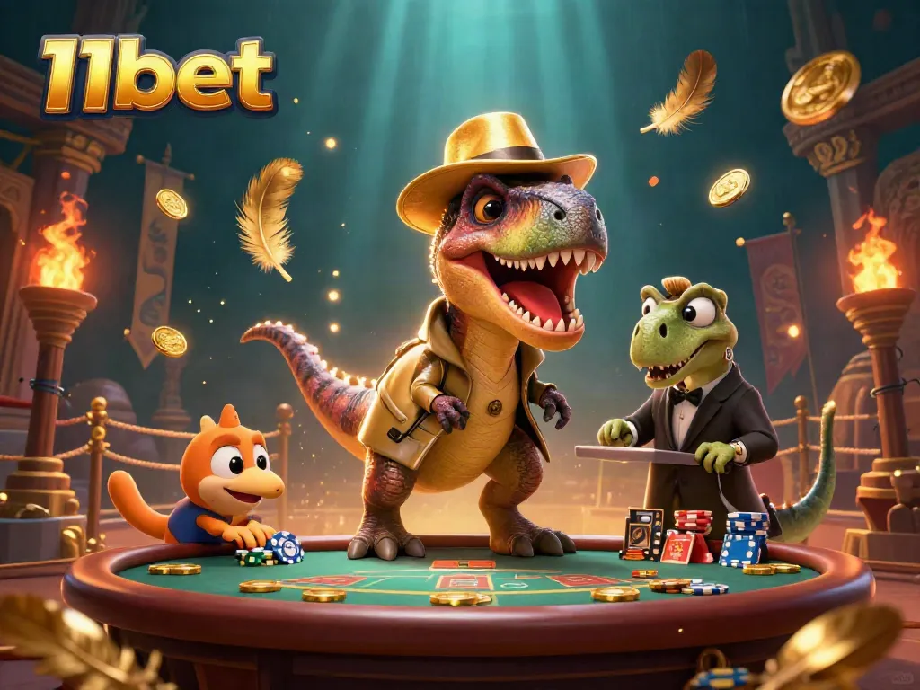 Engage in thrilling games at 11bet while a sneaky velociraptor counts cards under watchful eyes.