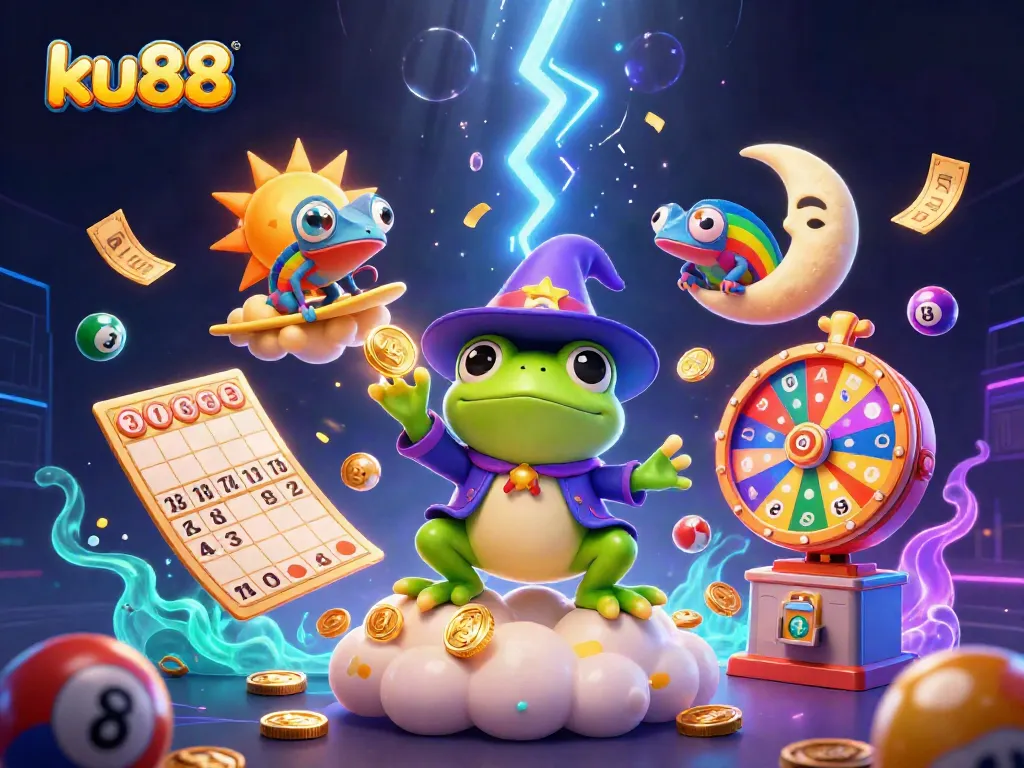 Experience winning moments at ku88 with froggy wizard and chameleon amidst vibrant casino elements.