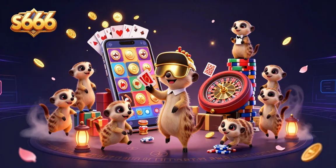 Experience exciting gameplay at s666 with meerkats running a vibrant casino featuring slots and card games.