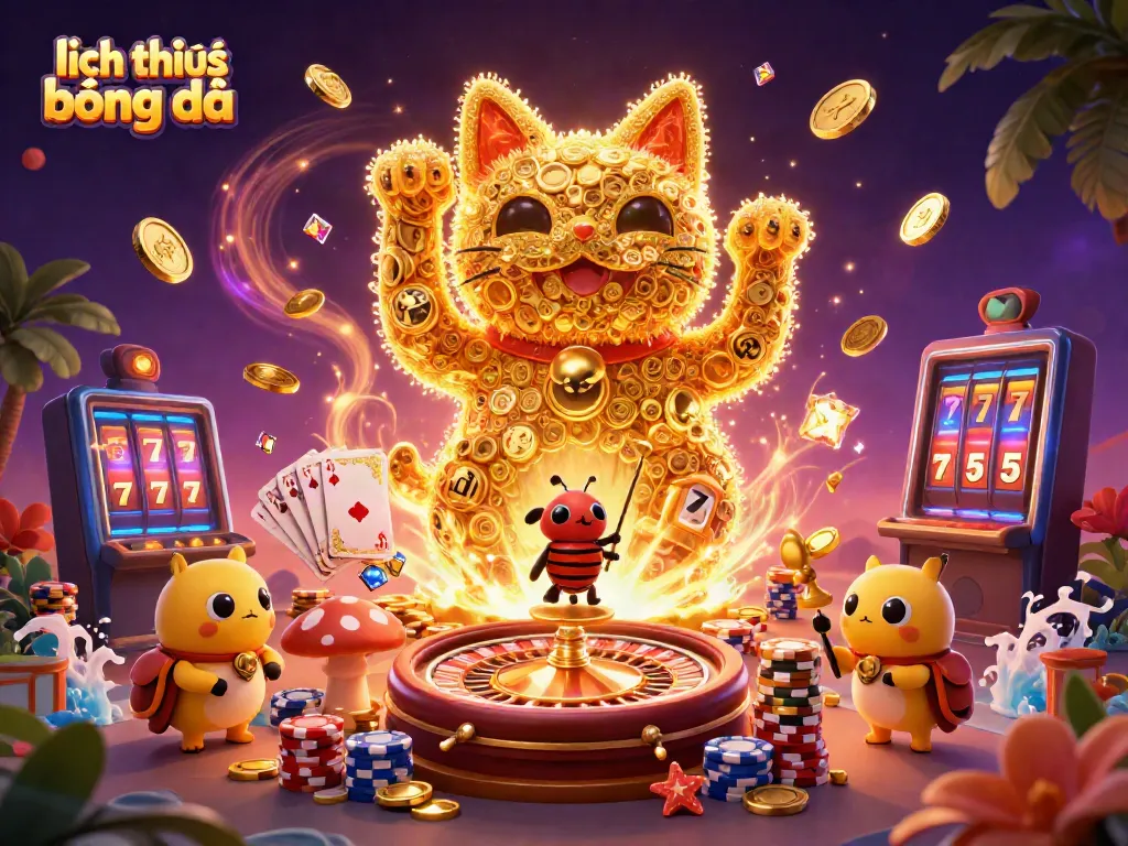 Experience exciting bets on "lịch thi đấu bóng đá" with a majestic lucky cat surrounded by casino symbols.