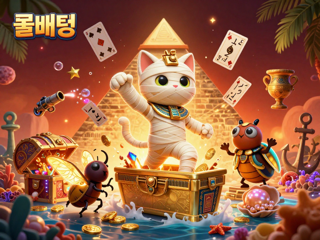 Engage in 롤배팅 with a vibrant Egyptian mummy cat and treasures in a dynamic pyramid casino.