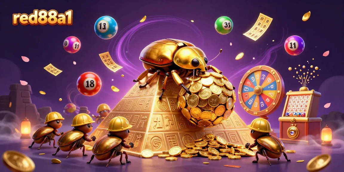 Engage with red88a1 as colorful lottery balls explode around a golden beetle scene.