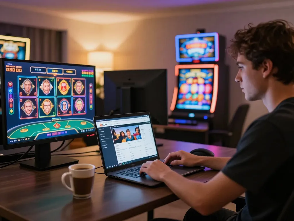 Player engaging with gg88 online casino on laptop, showcasing exciting gameplay and strategic focus.