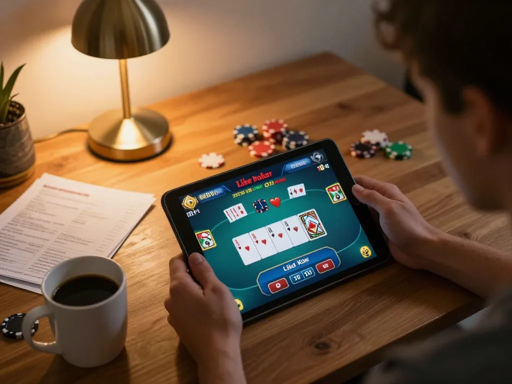 prisonersofthecrown player enjoying online poker game from home, showcasing strategic gameplay.