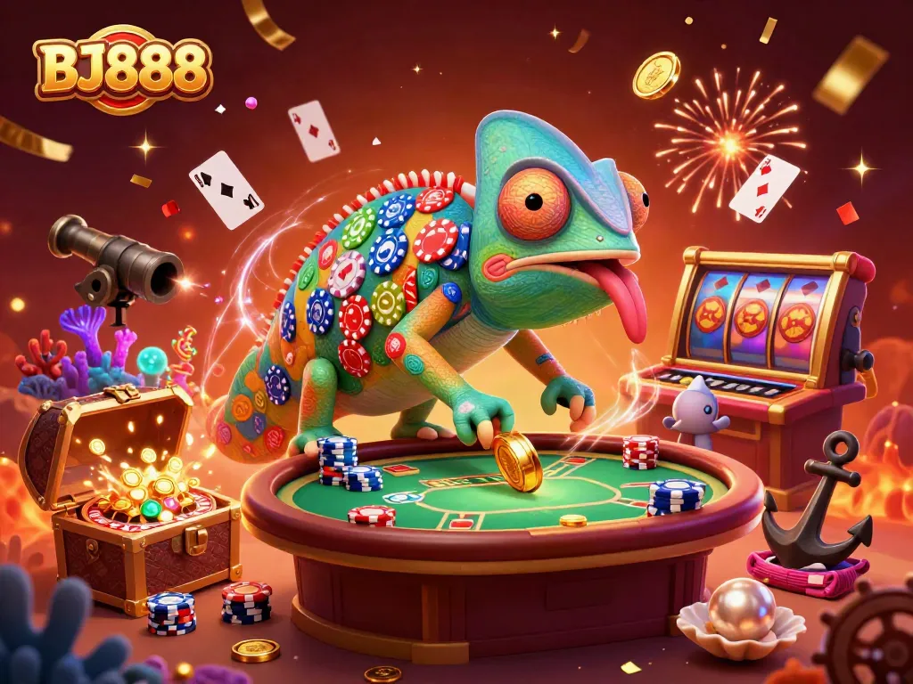 BJ888 chameleon casino owner captures coins amidst vibrant casino elements and festive atmosphere