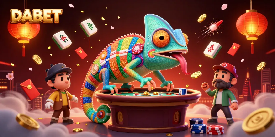 DABET casino owner chameleon snatches golden coins among vibrant gaming elements.