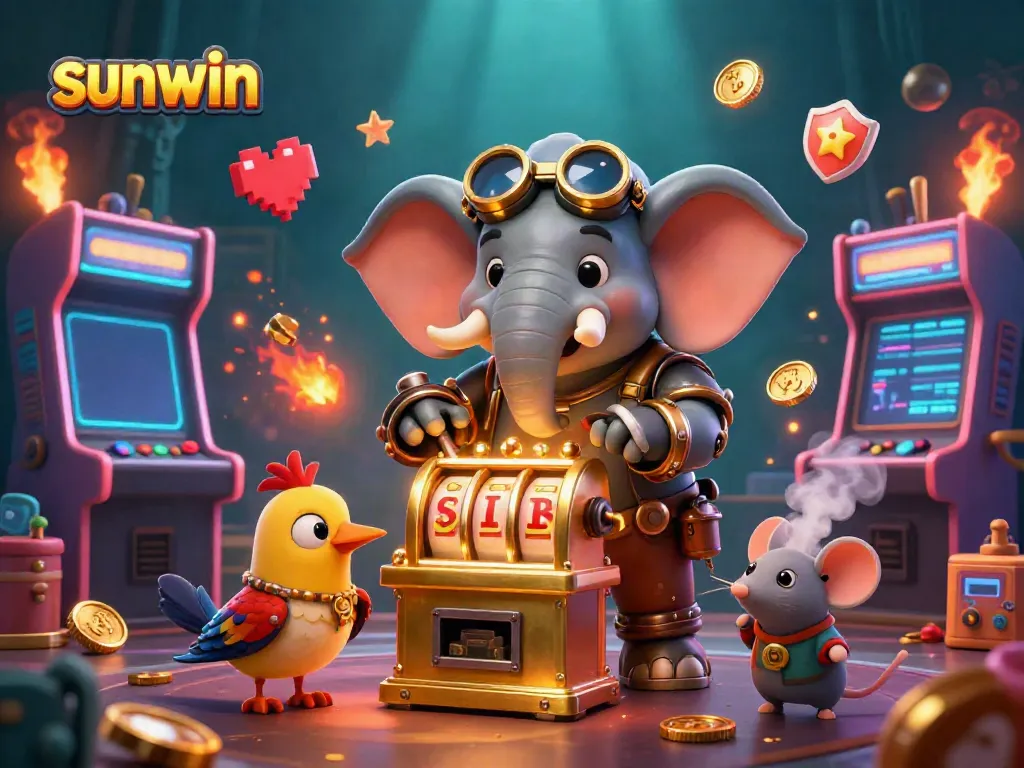 Spin and win with sunwin at the golden slot machine in this vibrant 3D casino scene.