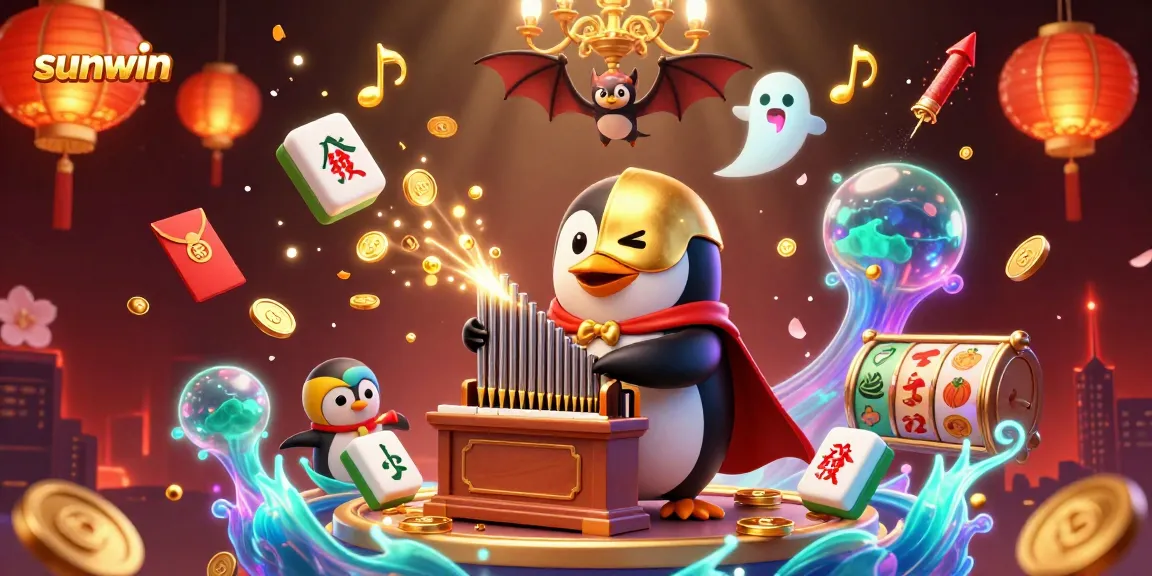 Experience the excitement of sunwin with a dynamic casino scene featuring a penguin playing an organ amidst golden coins.