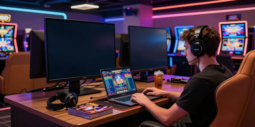 bro138 player immersed in interactive slot gaming session with modern setup