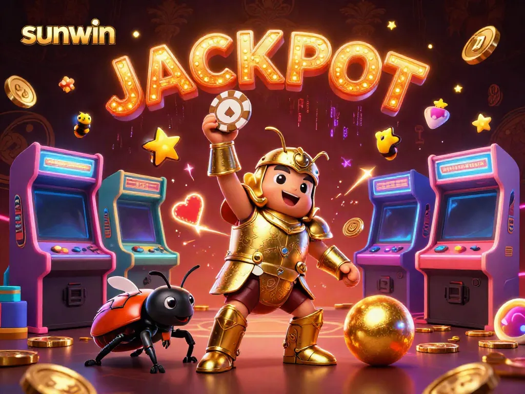 Experience sunwin excitement with a 3D beetle hero lifting a poker chip amidst vibrant gaming elements.