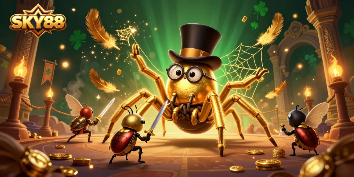 SKY88 features a 3D golden tarantula and a beetle knight amid engaging casino-themed elements.