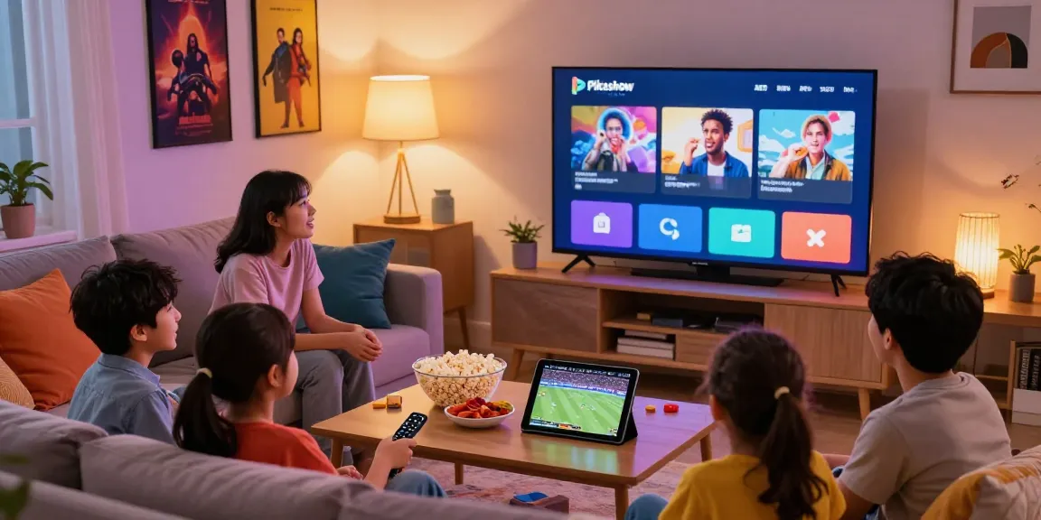 Pikashow APK displayed on TV screen during family movie night in cozy living room.