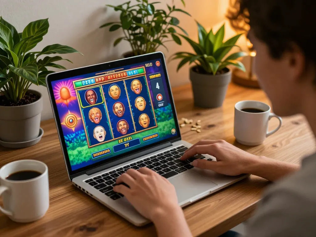 Person engaged in online slots gaming showing interactive gameplay at home, featuring wittehomesolutions setup