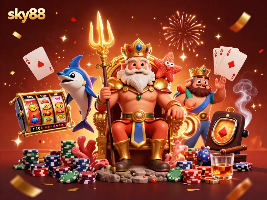 Spin and win at sky88 with vibrant slot games featuring lucky 7s and colorful fruit symbols.
