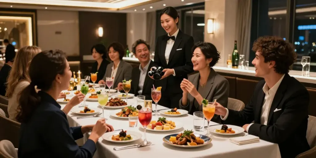 강남구구단에서 친구들과 함께 즐기는 고급 사교 모임의 프라이빗 룸 모습