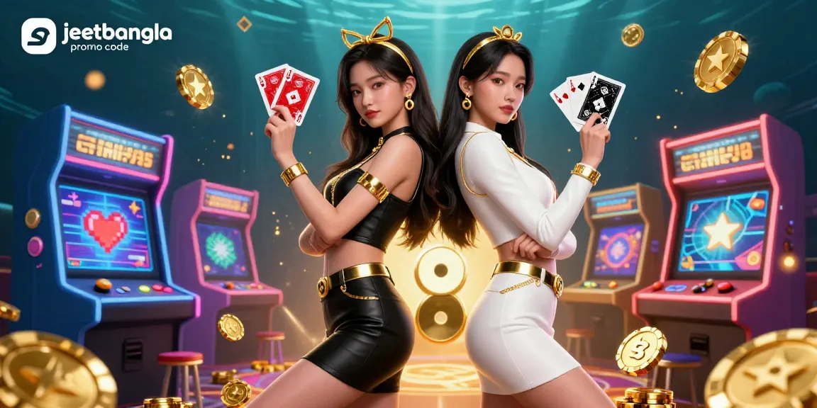 Engage with the jeetbangla promo code offerings amidst a vibrant 3D digital casino scene emphasizing excitement and dynamic gambling.
