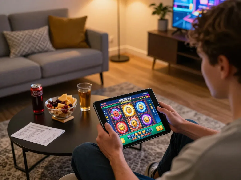 Player enjoying bet kecil 50 on tablet amid a cozy gaming setup with vibrant graphics