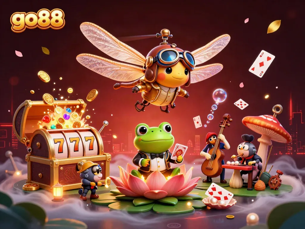 Experience thrilling action with go88 at a vibrant lily pad casino surrounded by delightful characters.