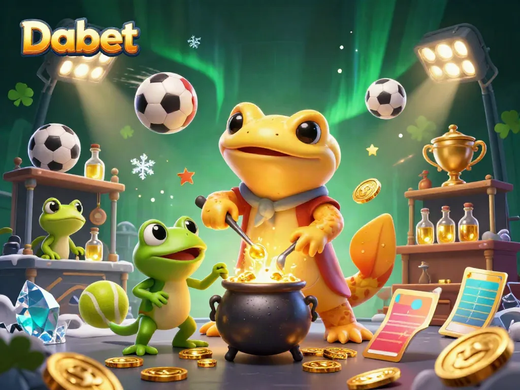 Dabet showcases a unique 3D casino illustration with an alchemist theme, combining sports elements and gaming flair.