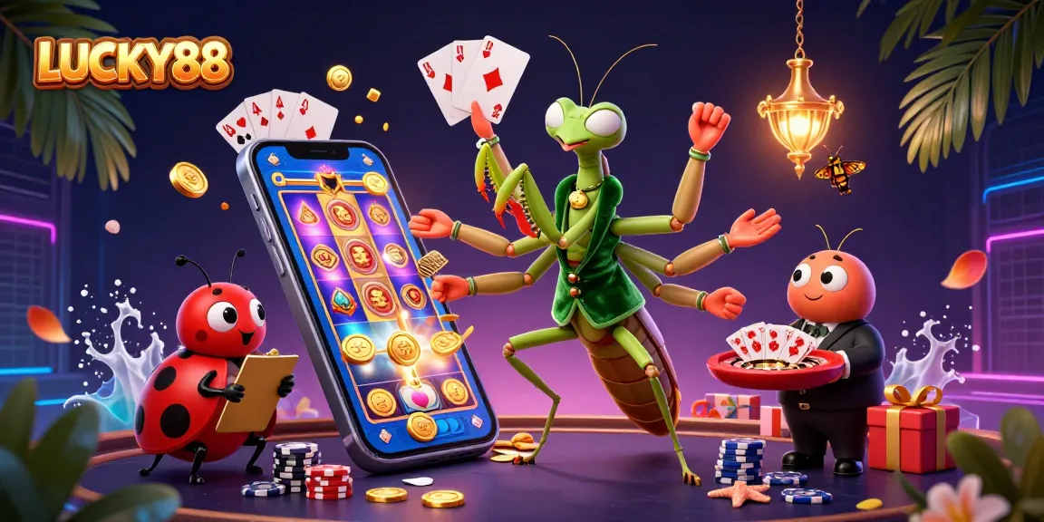 LUCKY88 showcases a lively scene with a card sharp and pit boss in a vibrant casino atmosphere.