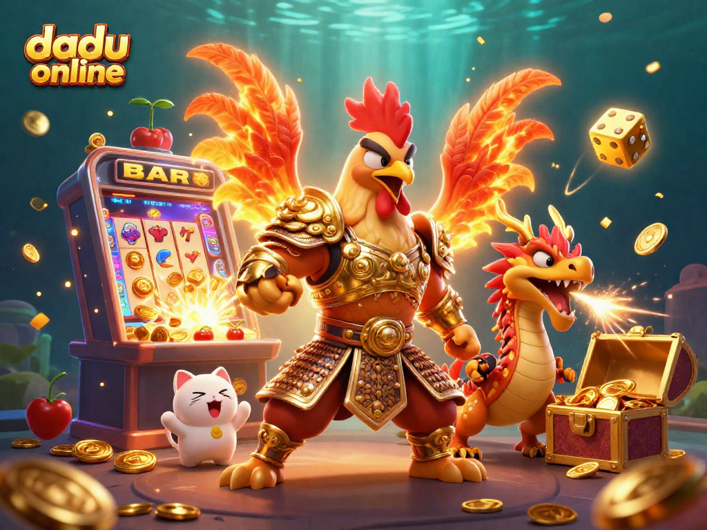 Experience thrilling dadu online action with a dynamic 3D rooster warrior and dragon at a vibrant casino scene.