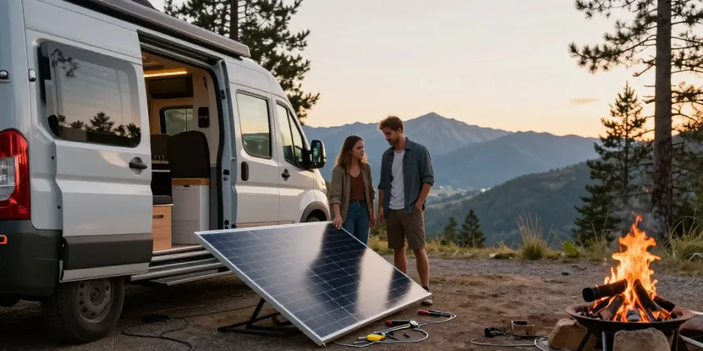 Couple setting up solar panels for their rokok88 campervan at a campsite.