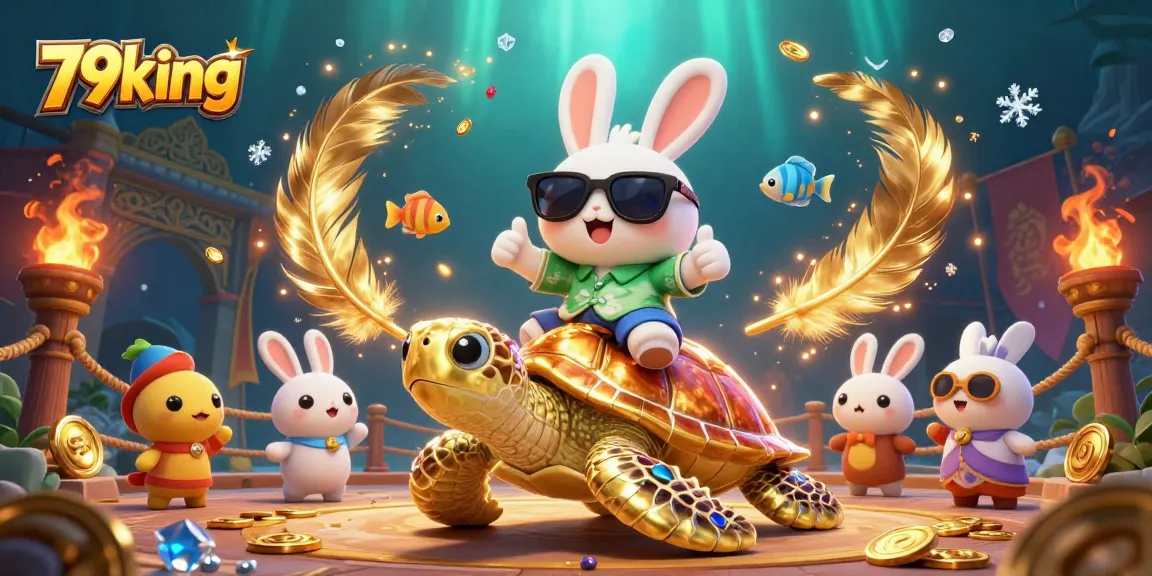 Experience exciting gaming adventures with 79king while cruising on a gem-adorned turtle.