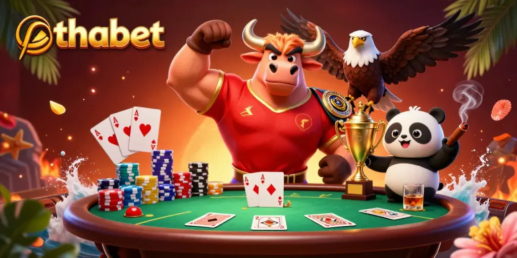Play thrilling games at thabet with a victorious bull, eagle, and panda amid poker championships.