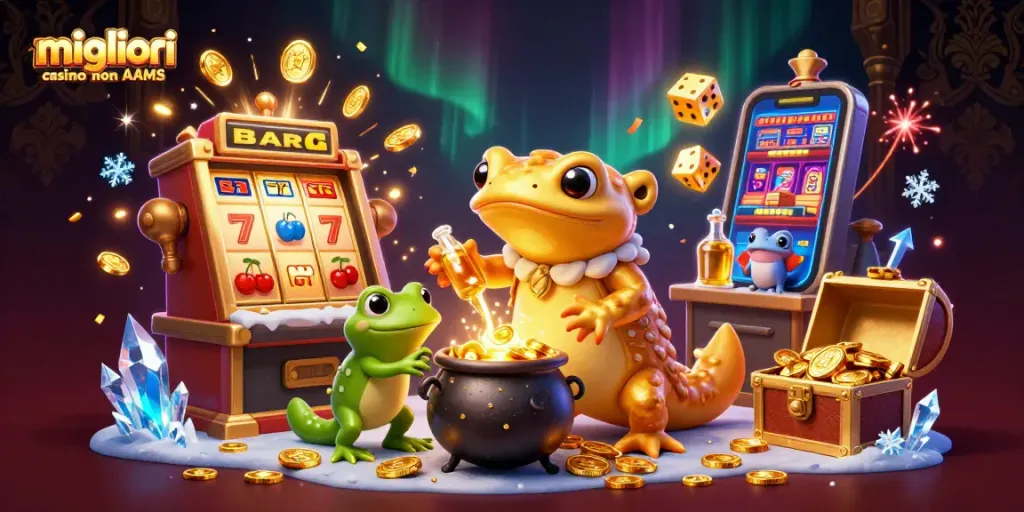 Scopri i migliori casino non AAMS e il loro mondo di giochi in un'illustrazione dinamica.